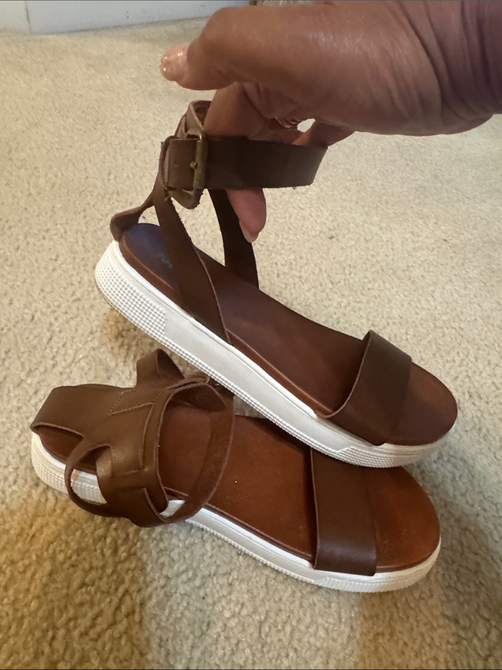 MIA Brown Leather Ankle-Strap Platform Sandals with White Sole